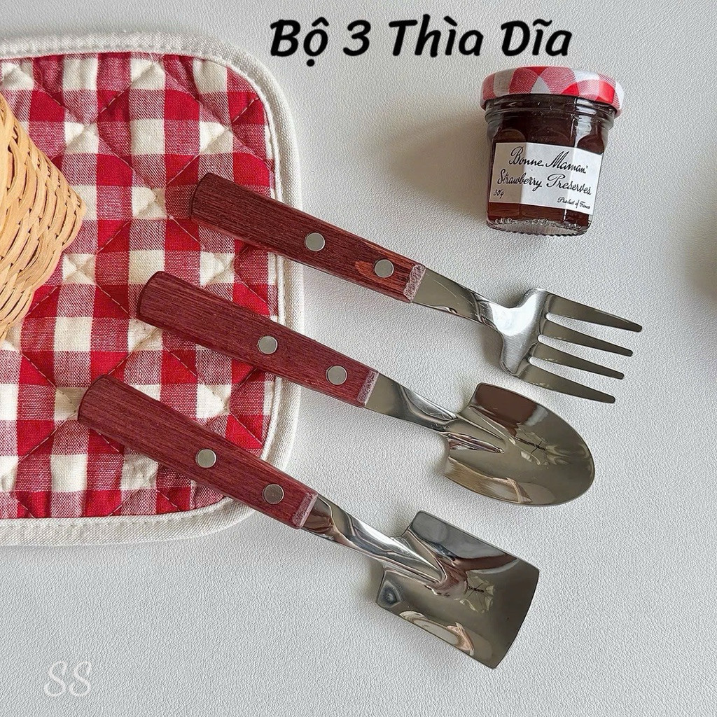 Bộ 3 thìa dĩa cafe nhà hàng inox cán gỗ cao cấp không gỉ phong cách châu âu H710