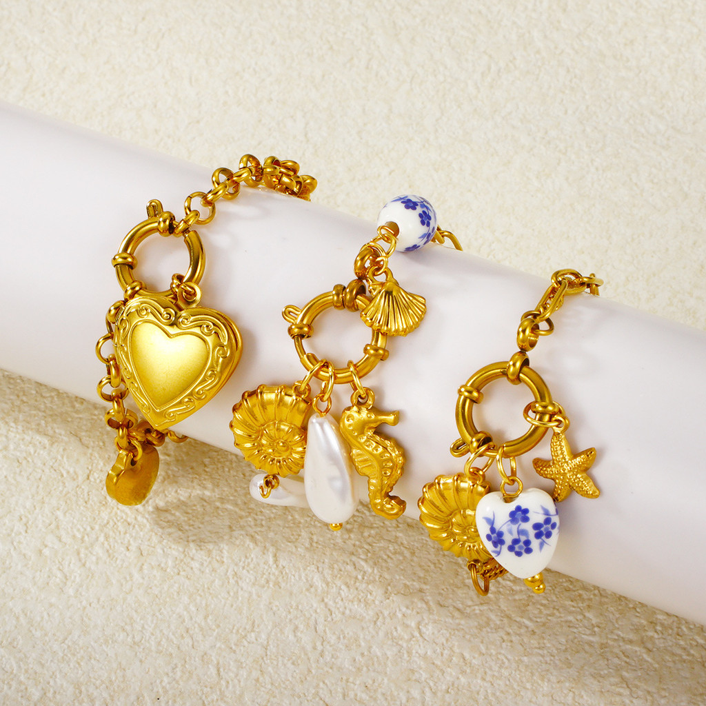 Vòng tay quyến rũ đại dương mạ vàng dành cho nữ Boho Trang sức bãi biển Heart Locket Seashell Sao bi