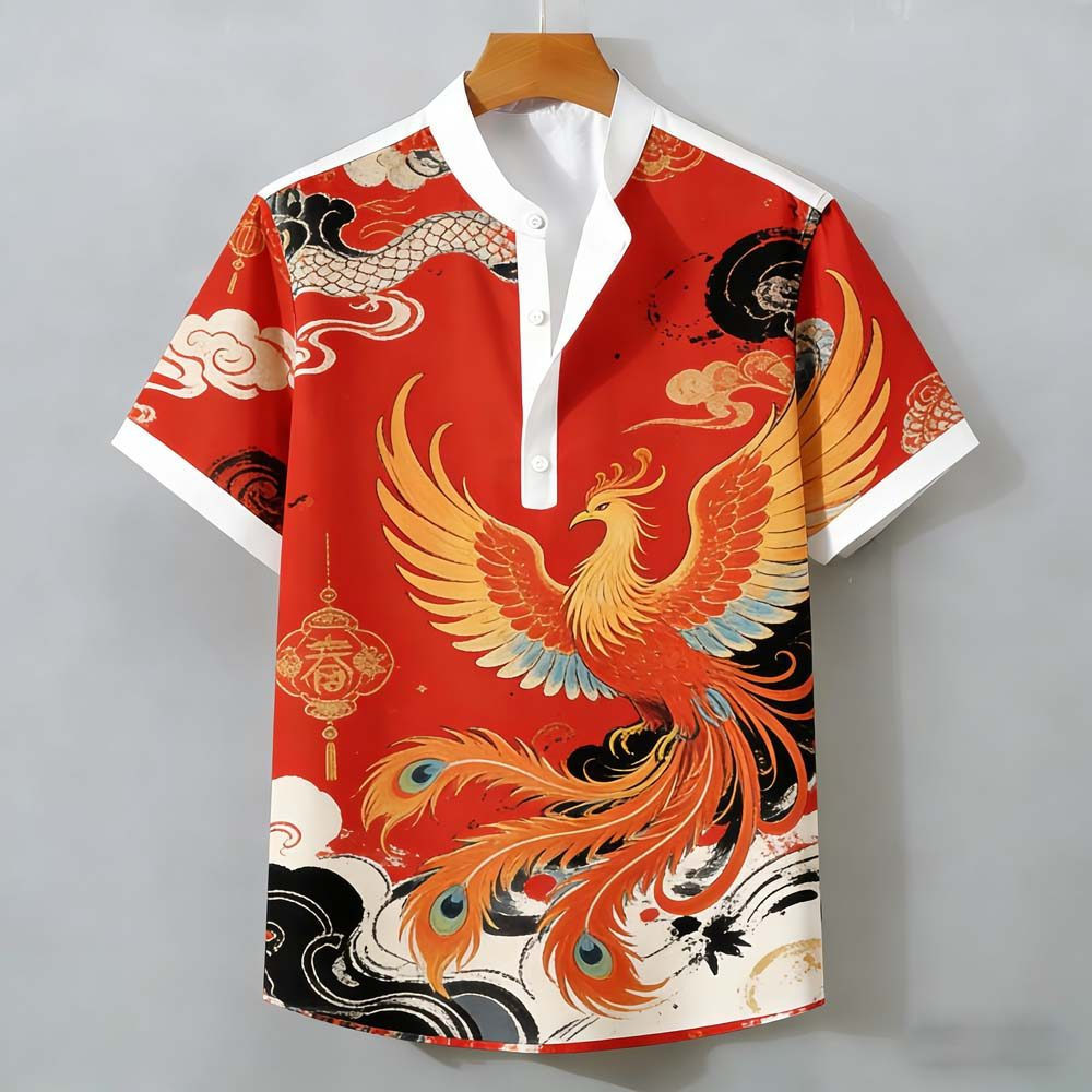 Áo sơ mi cổ đứng phong cách mới dành cho nam Red Phoenix & Splash Color Pattern Print
