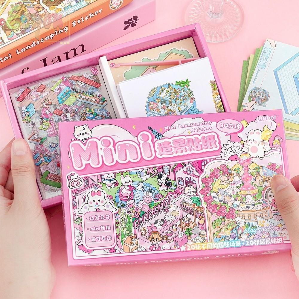 ECYOU Cabin Scene Pocket Sticker, Nhà thu nhỏ PET Phong cảnh Sticker Book, Phim hoạt hình dễ thương 