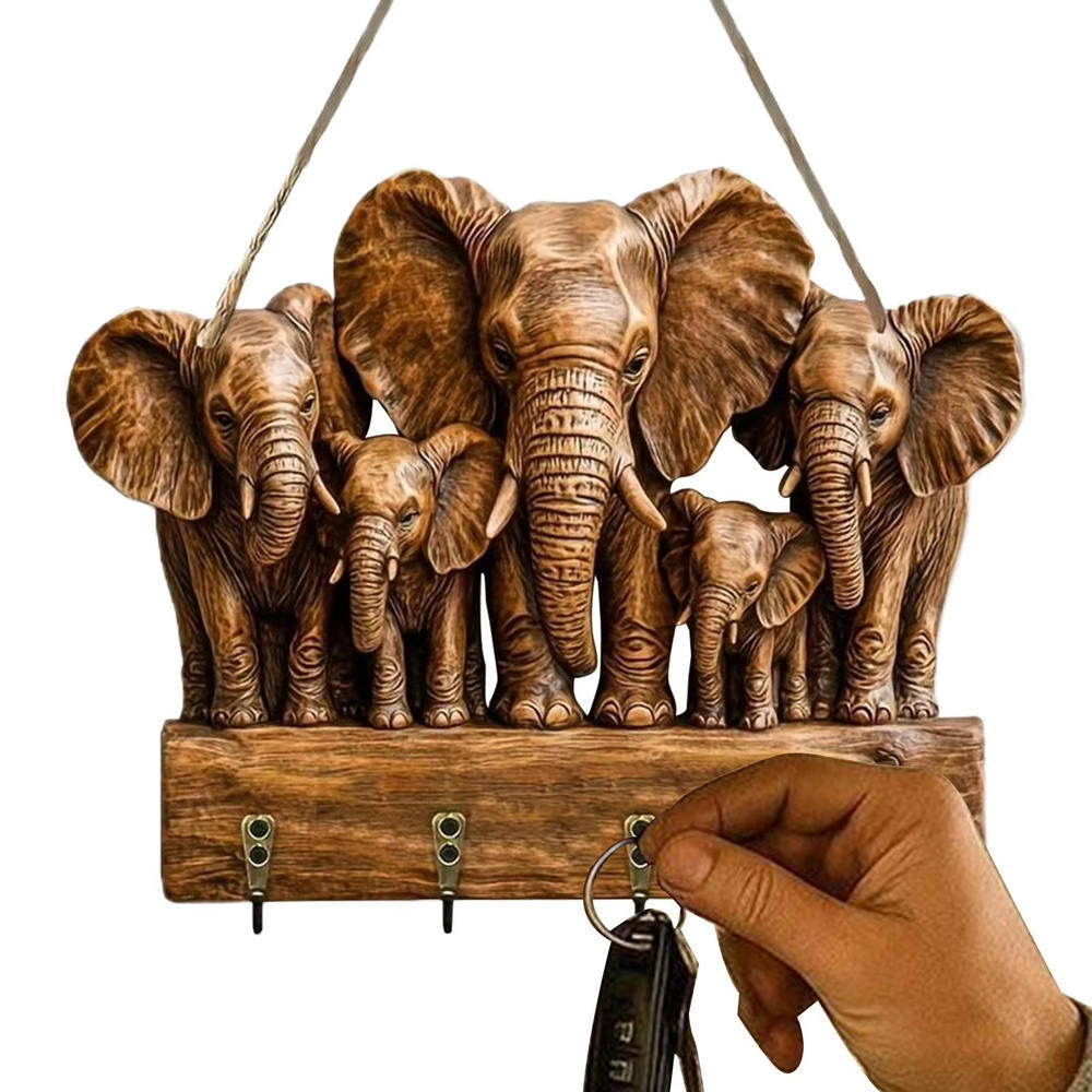 1PC 2D Vintage Elephant Family Wall Key Holder | Giá móc trang trí móc gỗ bằng nhựa | 4 móc đựng chì