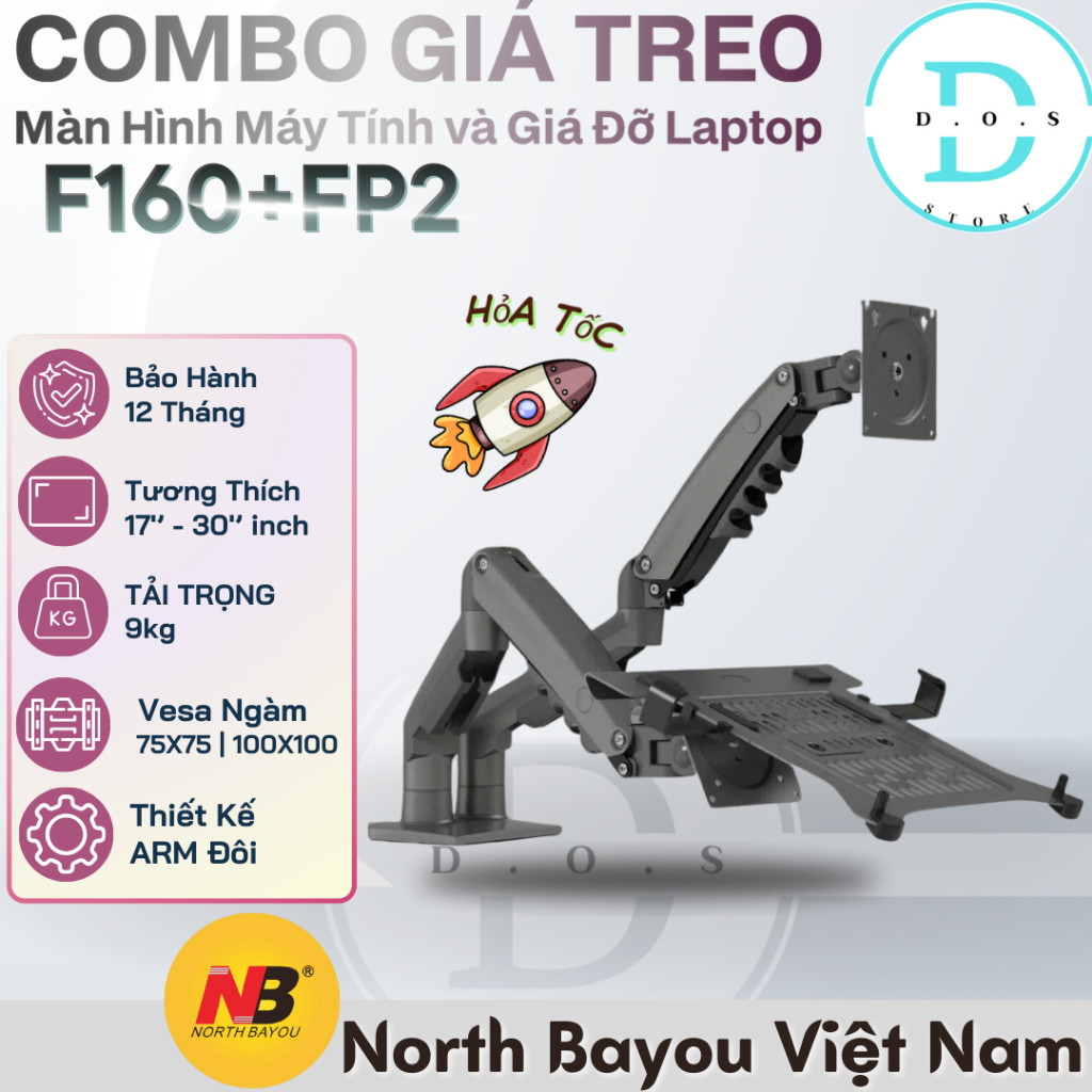 Combo Tay treo màn hình và Kẹp Laptop North Bayou F160 + FP2 - Giá đỡ Monitor Arm đôi đa năng