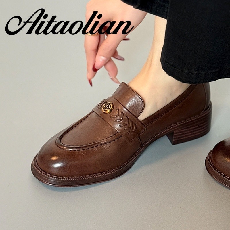 (Size 34-40) Da Thật Giày Cao Gót 3.5cm Giày Nữ Cổ Điển Giày Đế Bằng Phong Cách Anh Da Nữ Loafers Re