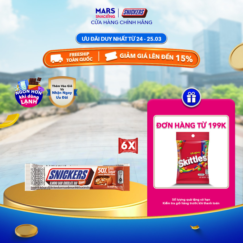 Combo 6 thanh Sô cô la Snickers Hạnh nhân Giảm đường thanh 40g