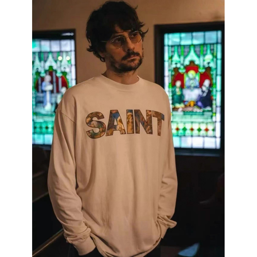 S67L Saint Michael Letters logo Printed round-neck long sleeve T Unisex American street style shirt