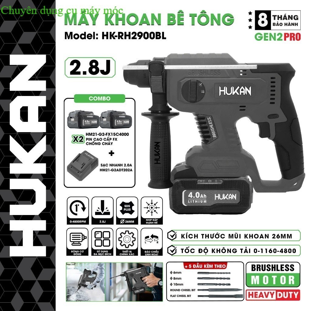 Máy khoan đục bê tông pin HUKAN HK-RH2900BL, Không chổi than 3 Chức SHOP DỤNG CU