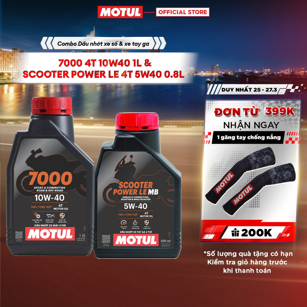 Combo Dầu nhớt xe máy MOTUL 7000 4T 10W40 1L và xe tay ga Scooter Power LE 4T 5W40 0.8L