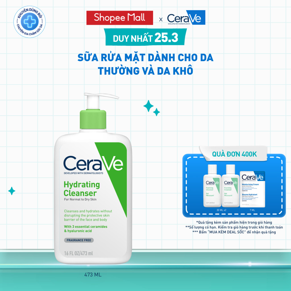 Sữa rửa mặt giúp làm sạch sâu dành cho da thường và da khô Cerave Hydrating Cleanser 473ML