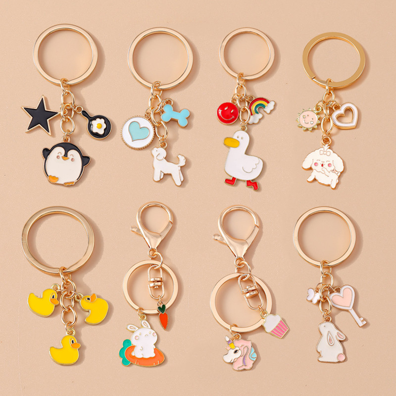Cute Enamel Dog Penguin Duck Keychain Animal Rabbit Key Ring for Women Girls Handbag Pendants DIY Je
