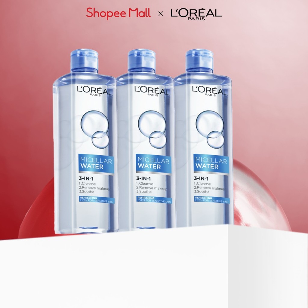 Bộ 3 nước tẩy trang đa năng 3-in-1 L'Oreal Paris Micellar tươi mát cho da dầu, hỗn hợp 400ml x 3