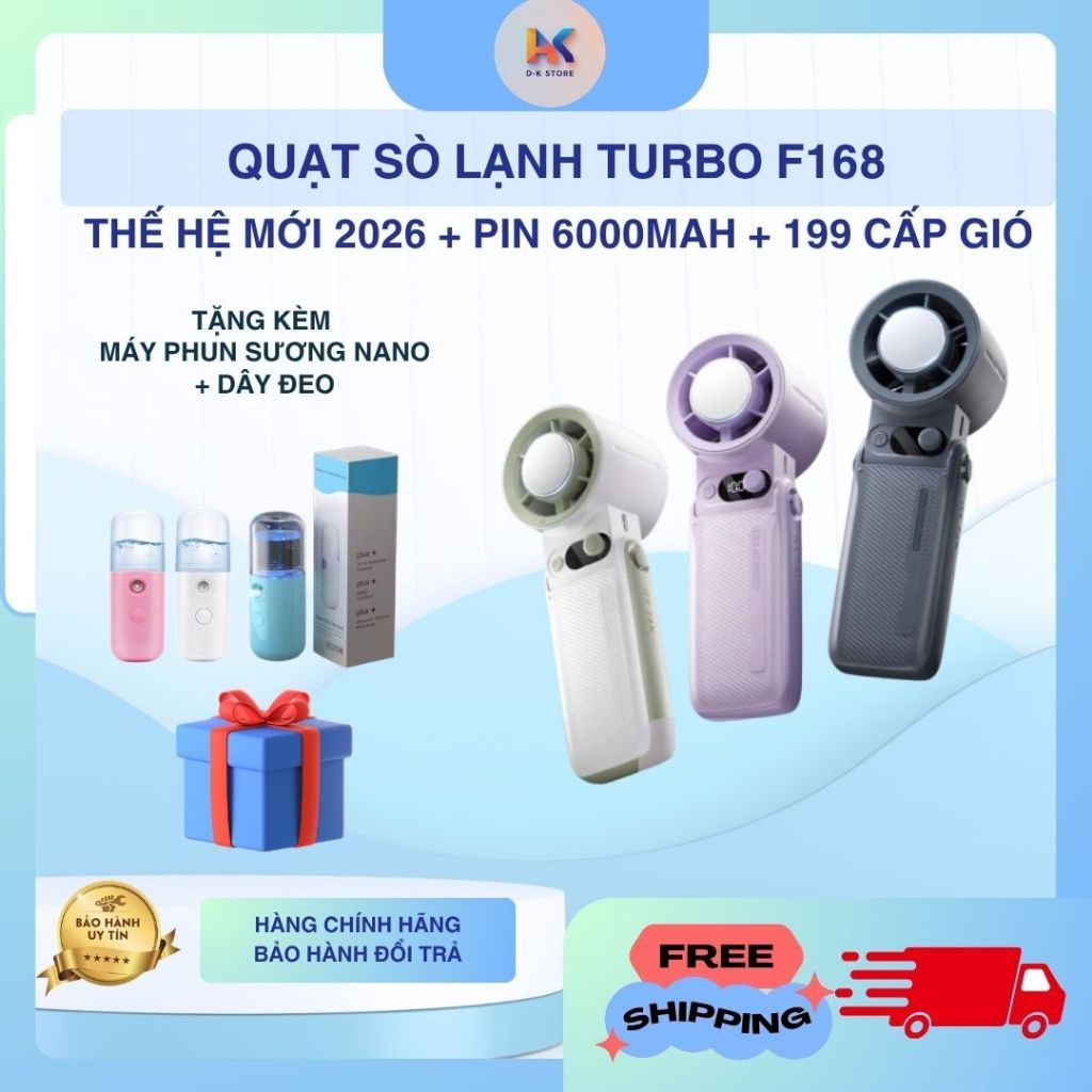 Quạt Sò Lạnh Turbo JF168 Thế Hệ Mới 2026: Pin Khủng 6000mAh, 199 Cấp Độ Gió,Tặng Máy Phun Sương Nano