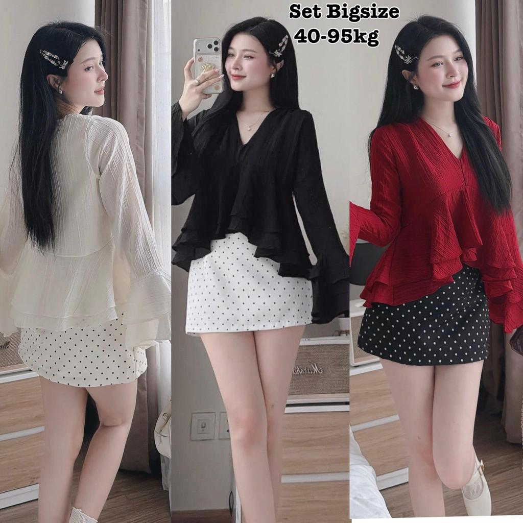 Set Bigsize Áo Babydoll Tay Dài Loe và Chân Váy Chấm Bi Thiết Kế Che Khuyết Điểm Trẻ Trung Năng Động