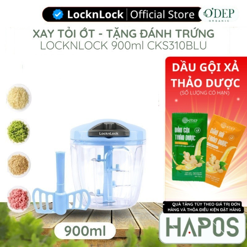 Cối xay tỏi ớt băm rau củ cầm tay LocknLock CKS310BLU 900ml 3 lưỡi dao - Kèm dụng cụ đánh trứng  OFF