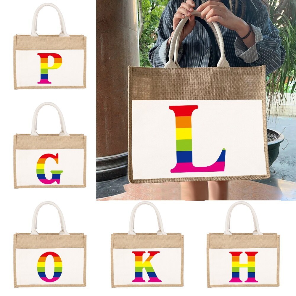 Jute bag  Sacks Linen Bags Tote Laminated Bags Women Shopping Pouch Rainbow Letter