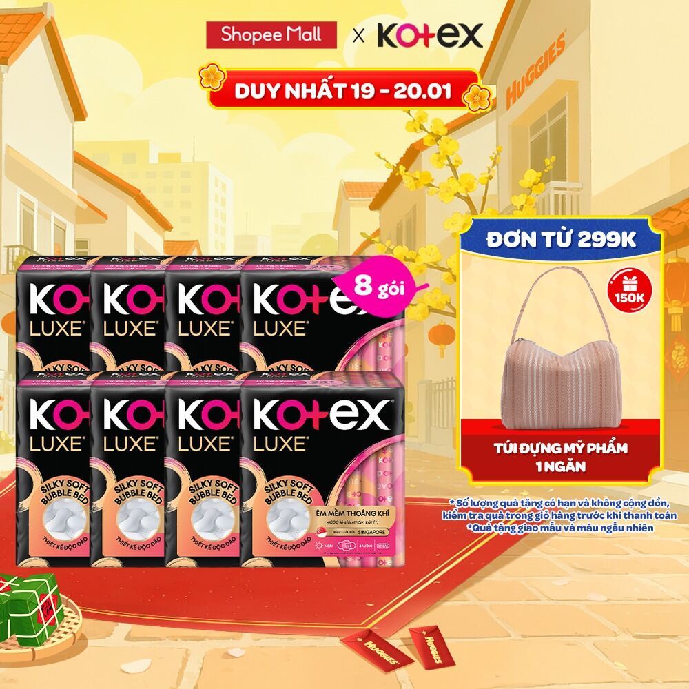 Combo 8 Băng vệ sinh Kotex LUXE Ngày Cánh 23cm 8 miếng