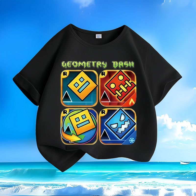 Hình học Dash Cube / Icon Quần áo trẻ em Áo thun ngắn tay dáng rộng thoáng khí quần áo