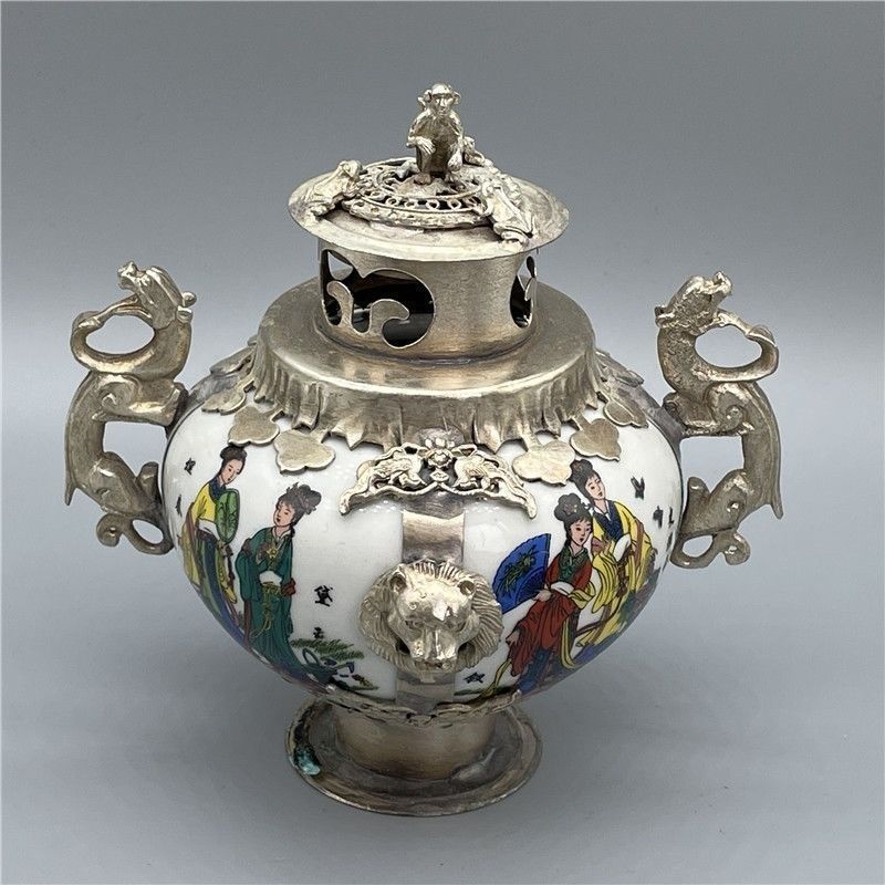 Cổ Thủ Công Bộ Sưu Tập Cũ Bạc Tây Tạng Trắng Đồng Clad Sứ Lư Hương Lư Hương Đốt Hương Pastel Nhân Vậ