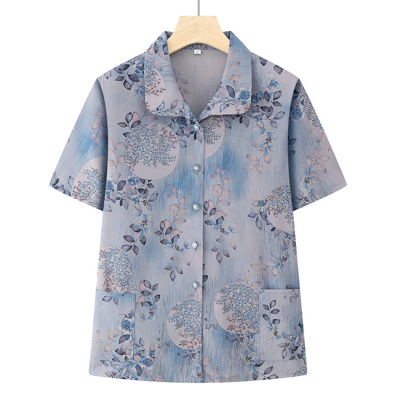 Grandma's Shirt Summer Mom's Short-Sleeved Shirt Lapel 70-Year-Old Old Lady's Shirt Elderly Women's 