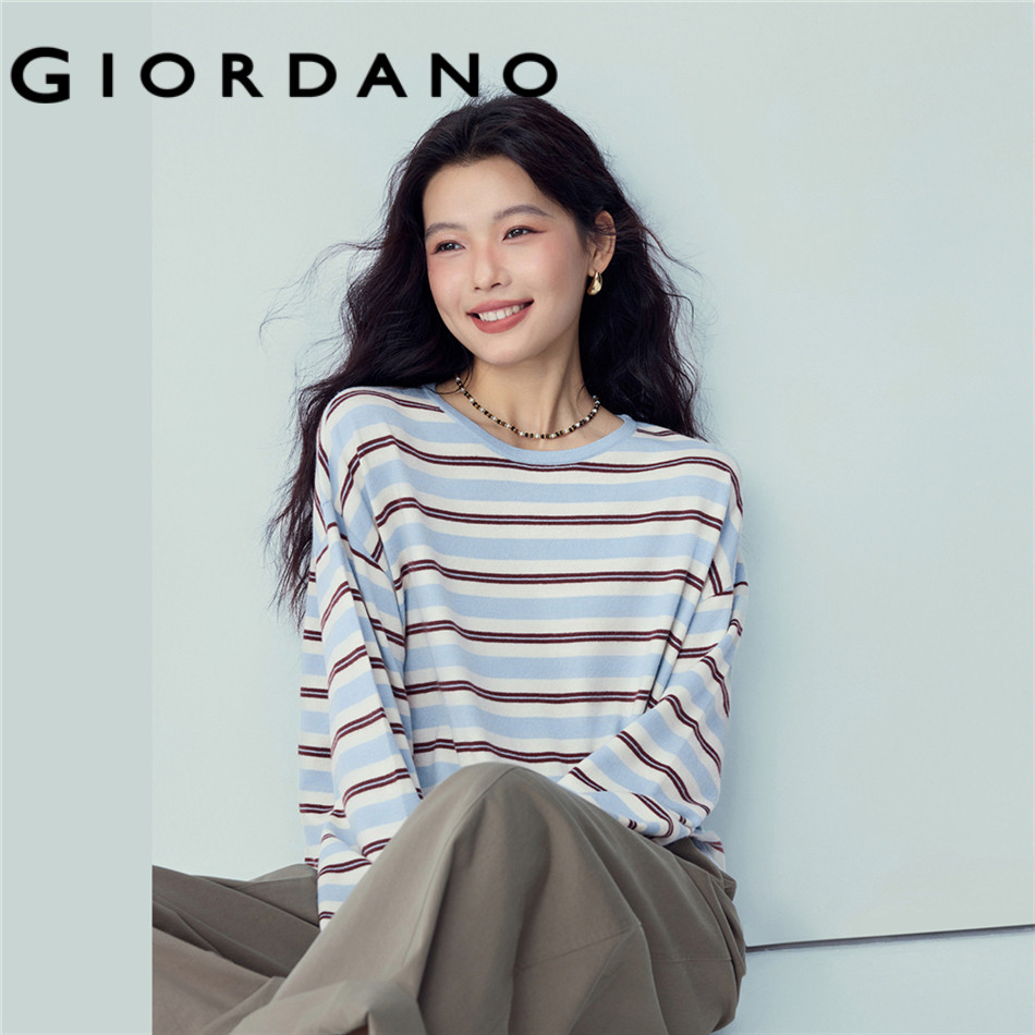 GIORDANO WOMEN Contrast stripe crewneck oversized sweater 13356222