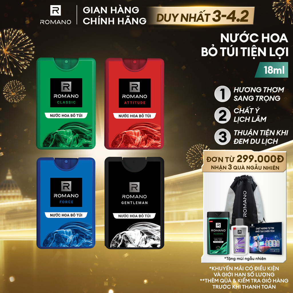 Nước hoa nam bỏ túi Romano hương Attitude/Classic/Force/Gentleman 18ml/chai - 4 mùi hương có sẵn