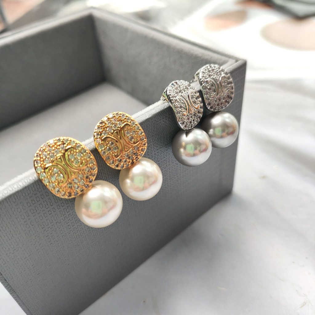 Full-diamond oval pendant pearl earrings for commuting ins Women's versatile princess earrings