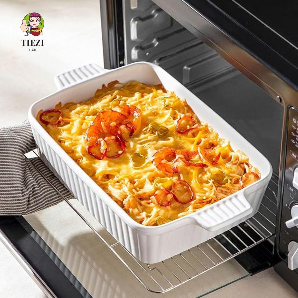 Đĩa nướng TIEZI, có tay cầm Khay nướng gốm sứ làm sâu, dụng cụ nấu ăn họa tiết sọc hình chữ nhật Las