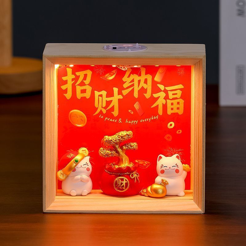 New Product#Creative wooden frame night light with lucky cat motif, bedroom bedside lamp, home decor