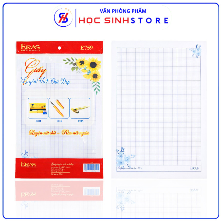 Xấp 20 Tờ Giấy Luyện Viết Chữ Đẹp E7590A Eras (Khổ A4) 4 ô ly Giấy Dày, Không Lem, Dòng Kẻ Rõ