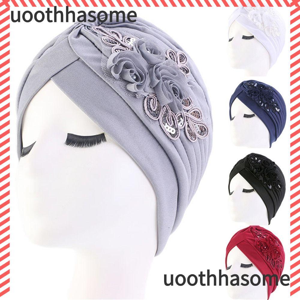 UOOTHASHASOME Hồi Giáo Mũ Turban Sequin Hoa Xếp Ly Mũ Ngủ