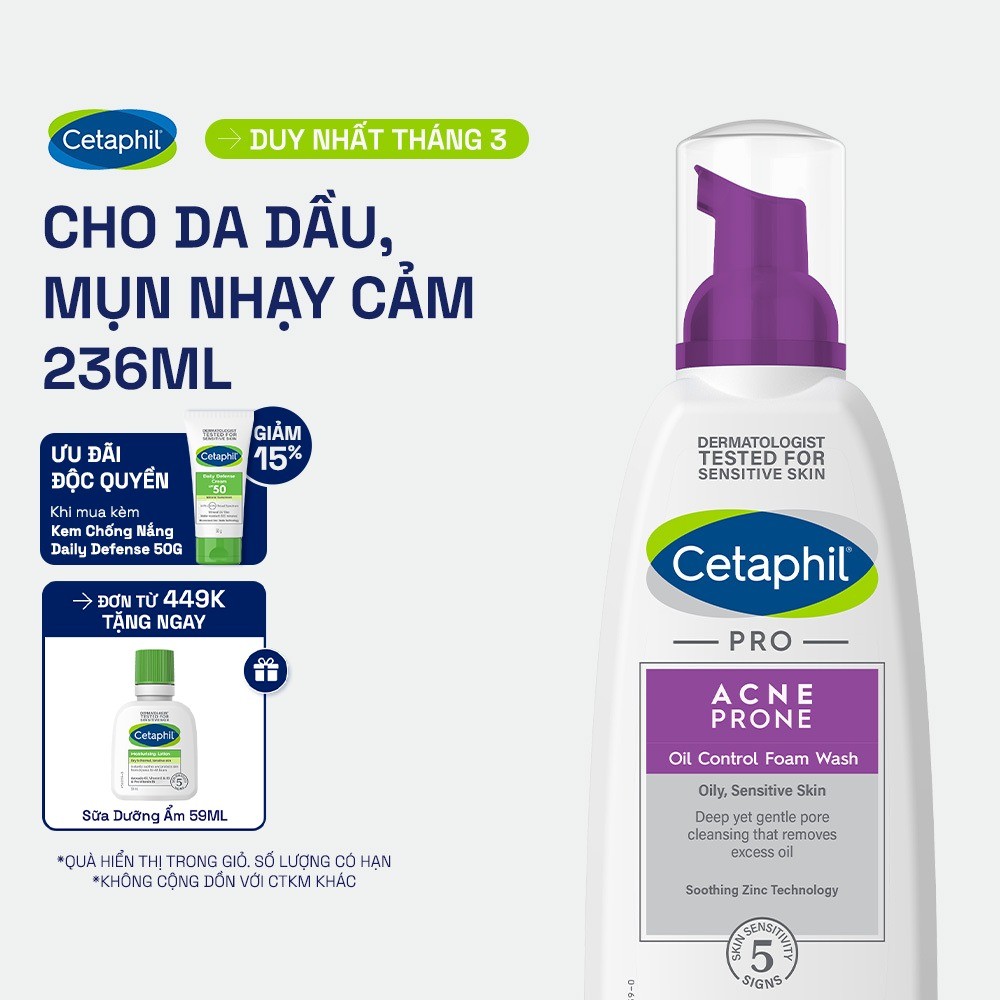 Sữa rửa mặt tạo bọt mịn dịu lành cho da dầu mụn nhạy cảm CETAPHIL PRO ACNE PRONE/OIL CONTROL FOAM WASH