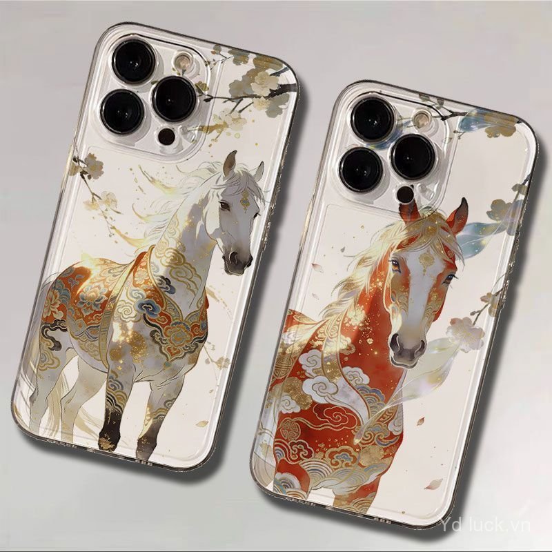 Tốt lành Cloud White Horse Premium Phong cách may mắn Trong suốt Xu hướng thời trang Vỏ điện thoại T