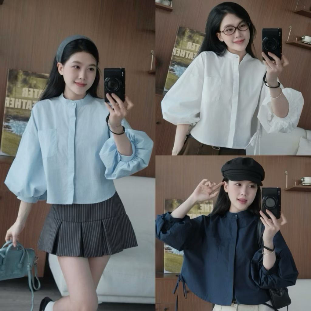 Áo sơ mi cổ trụ dáng crop tay bồng có dây buộc sau chiết eo Nữ thời trang nữ M789 - Usmark Fashion