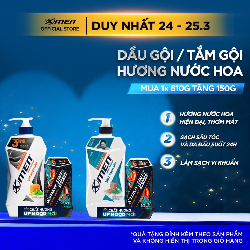 Combo Xmen Clean & Fresh Tắm gội 610g và Tắm gội Coffee 150g