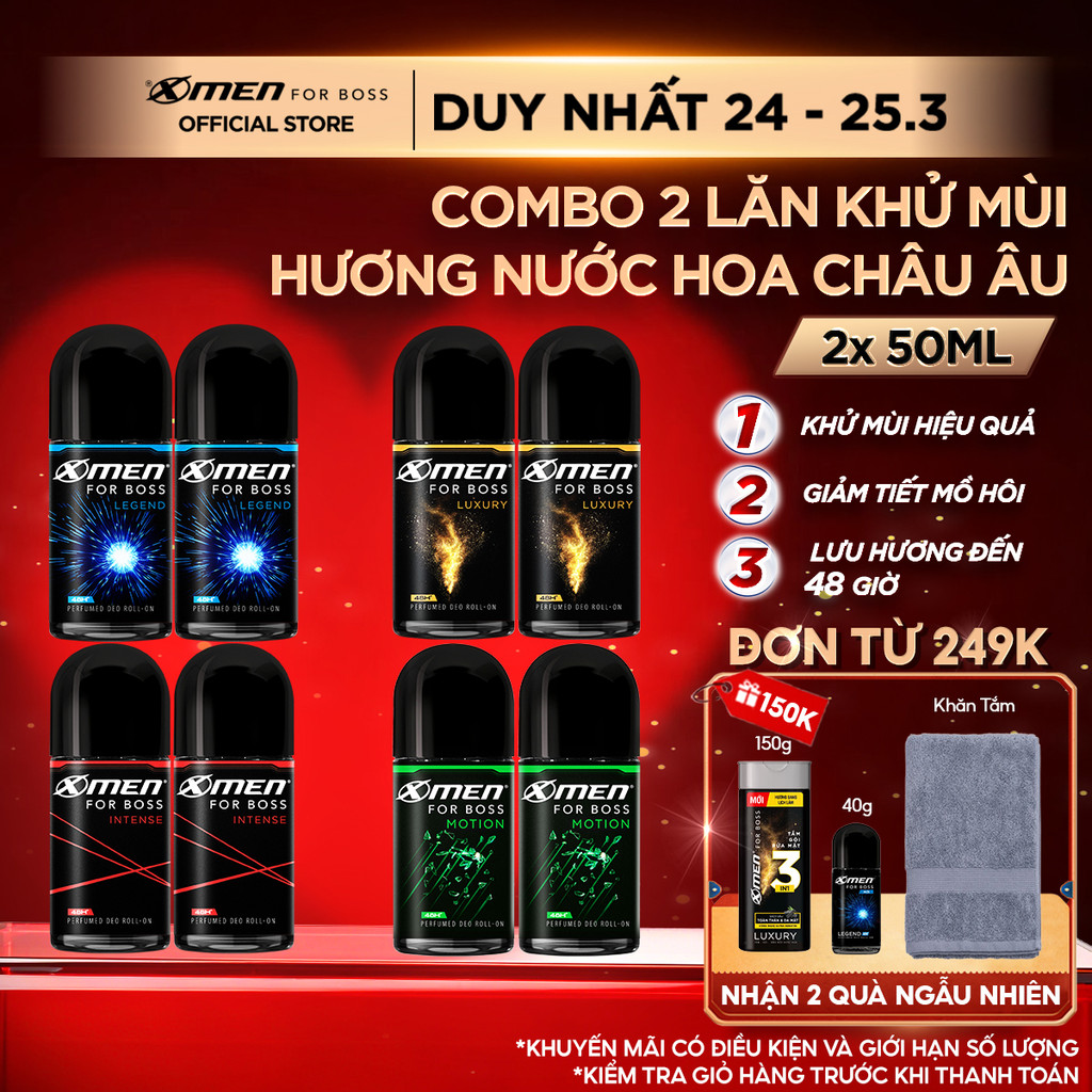 Combo 2 Lăn Khử Mùi Xmen for Boss 50ml/chai Intense/Luxury/Legend/Motion Hương Nước Hoa Châu Âu, Lưu Hương Dài Lâu