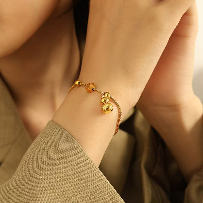 [Lựa chọn Emma6592] Vòng tay bầu Fulu phong cách hợp thời trang quốc gia Mạ thép titan Vàng 18K Ánh 