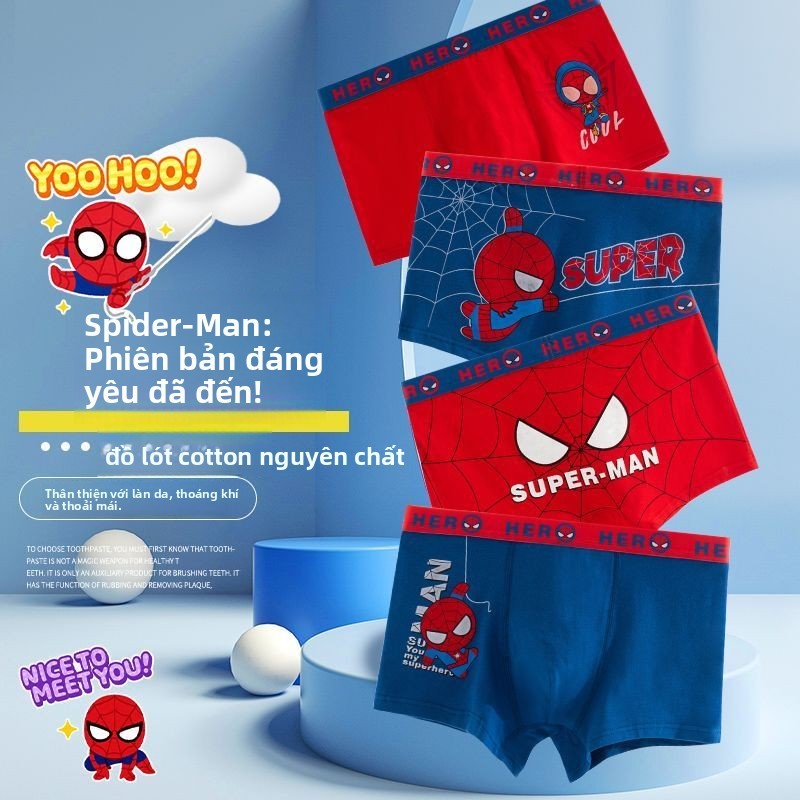 Quần lót boxer Spider-Man cho bé trai - cotton mềm thoáng khí quần sịp đùi 4 góc dễ thương