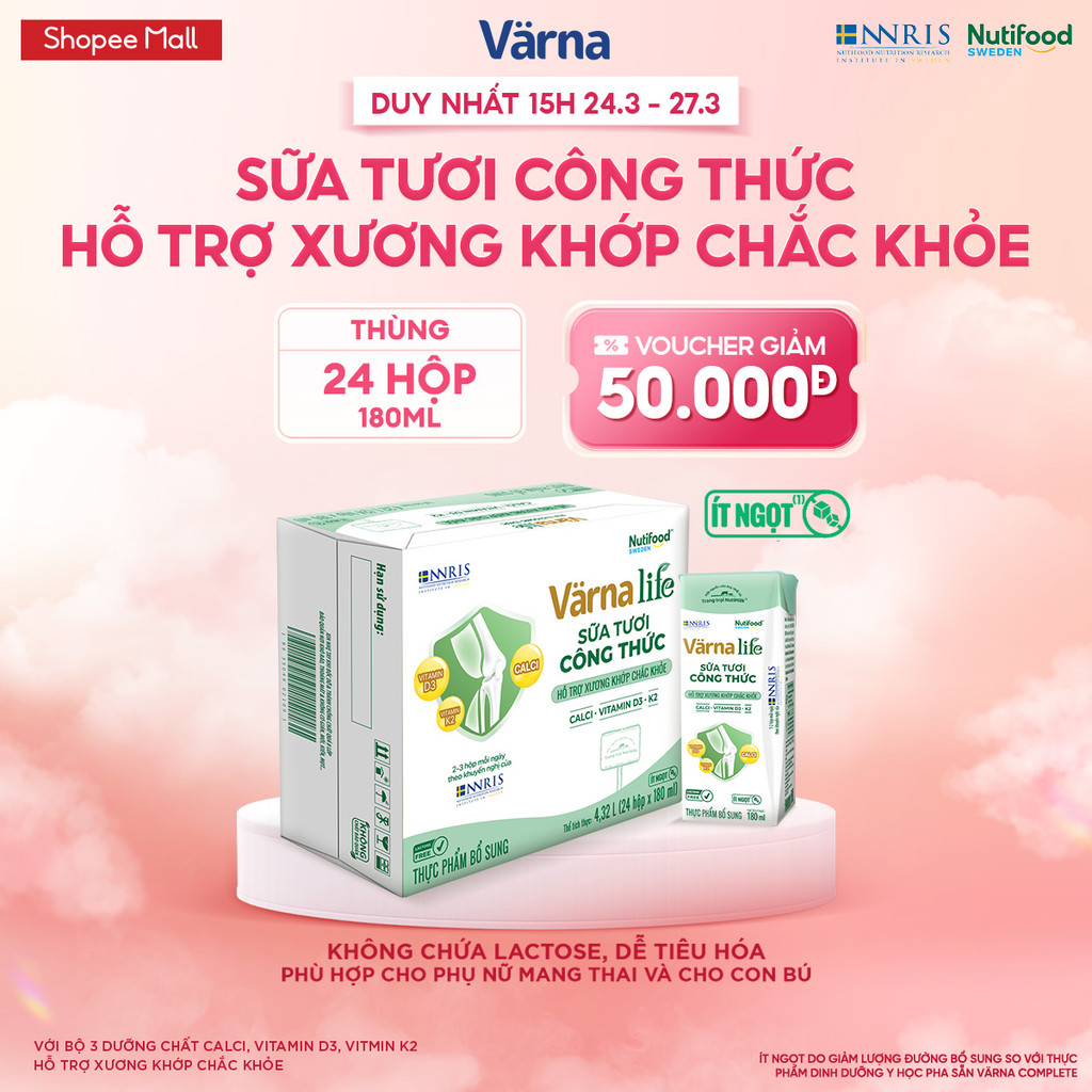 Thùng 24 hộp Varna Life sữa tươi công thức hỗ trợ xương khớp chắc khỏe (Xanh) ( 24 hộp x 180ml)