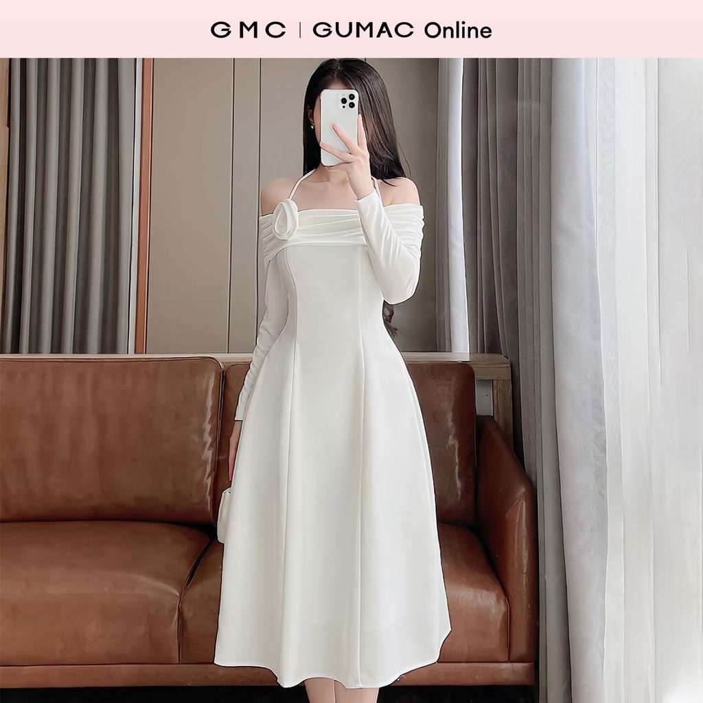 Đầm nữ trễ vai phối hoa thời trang GUMAC DE08086