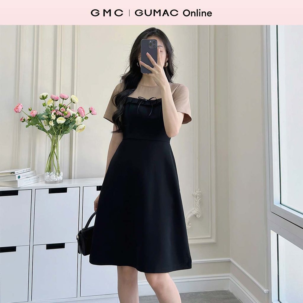 Đầm nữ dáng A phối bèo dây nơ vải tuyết mưa cao cấp tôn dáng thời trang GUMAC LDE1252