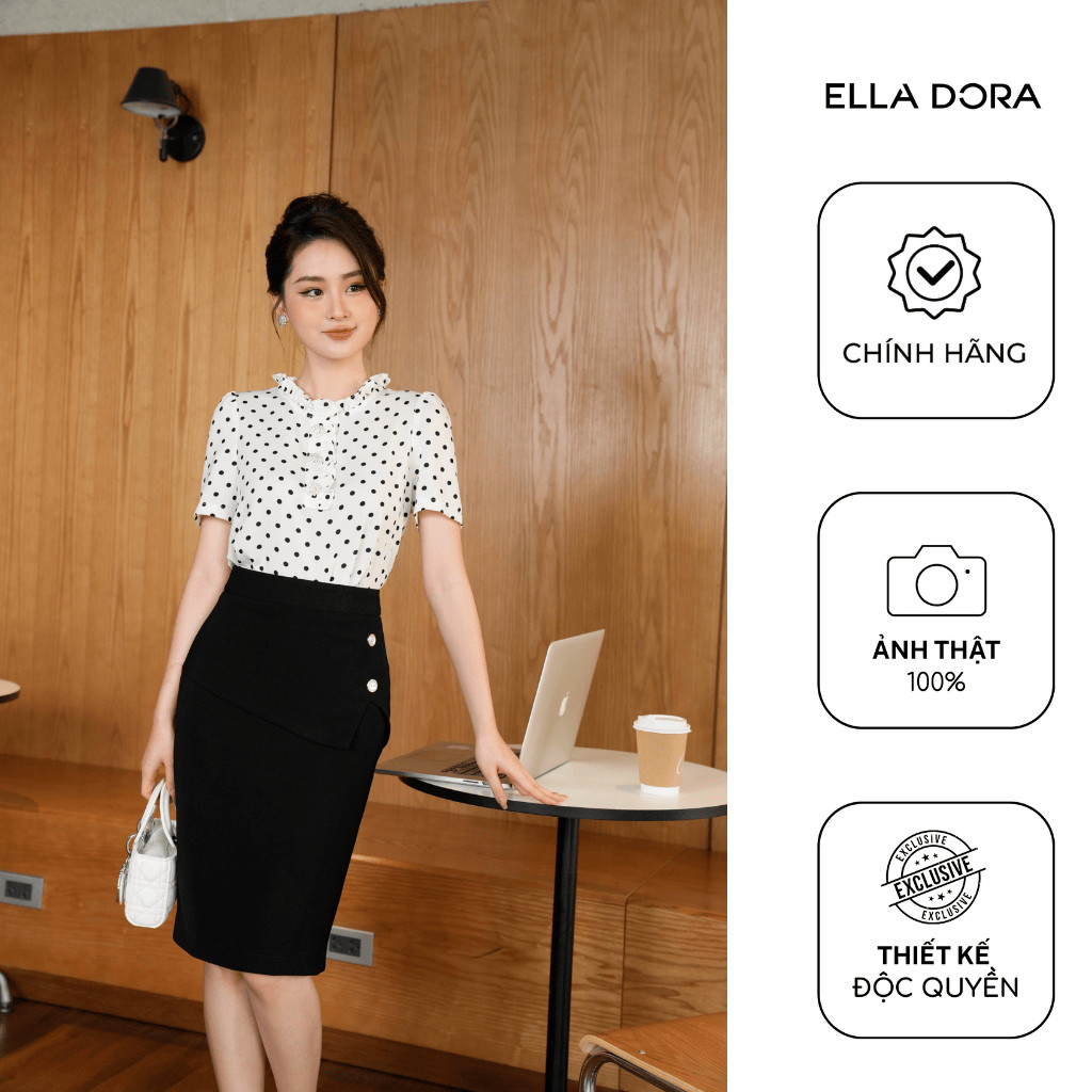 Chân váy ôm ELLA DORA peplum đen phối 2 cúc dáng gọn thiết kế thanh lịch phong cách công sở [CV55]