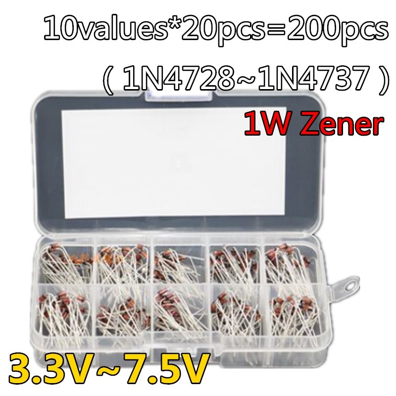 10valuesX20pcs = 200pcs 1W Zener Diode Box Kit 3.3V ~ 7.5V 1N4728 1N4729 1N4730 1N4731 1N4732 1N4733