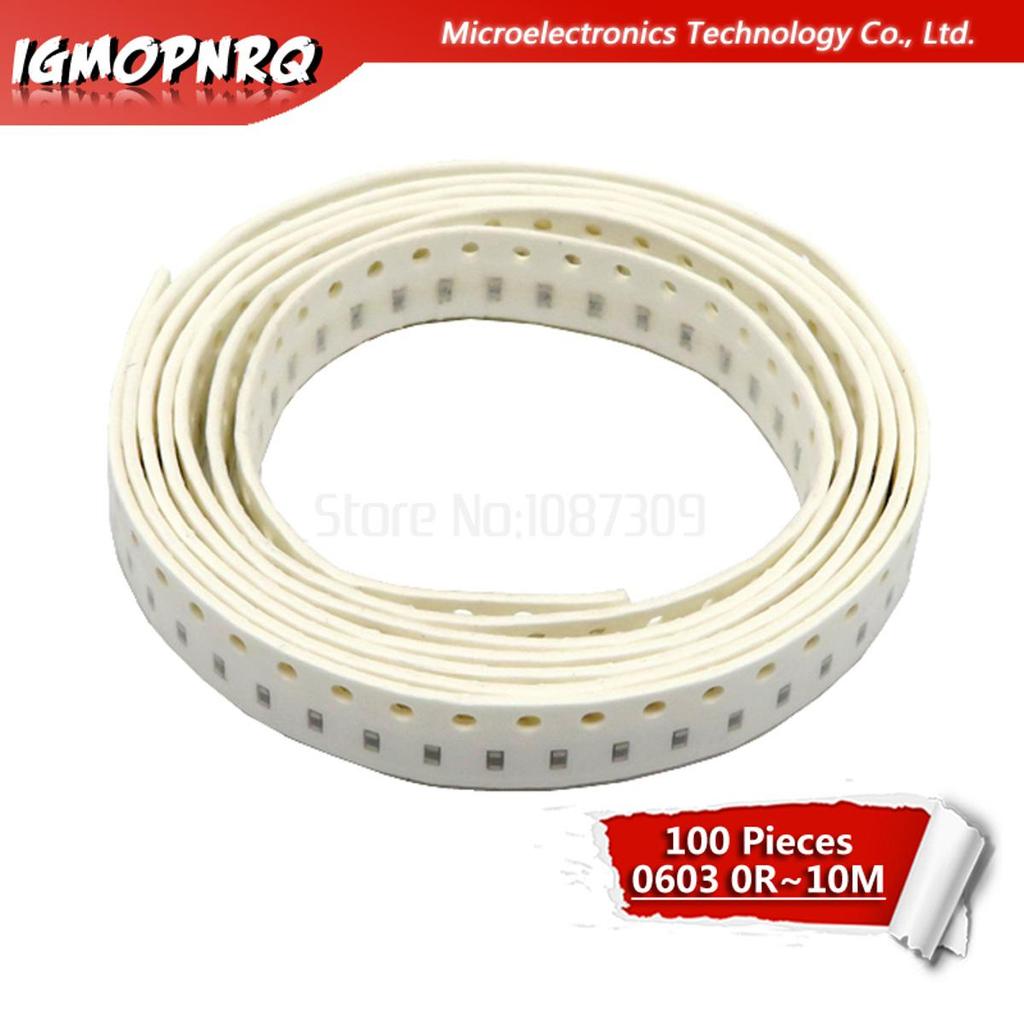 100 chiếc 0603 SMD 1 / 8W chip điện trở kháng 0 ohm ~ 10M ohm 0R 1R 18R 47R 56R 470R 1K 4.7K 47K 10K