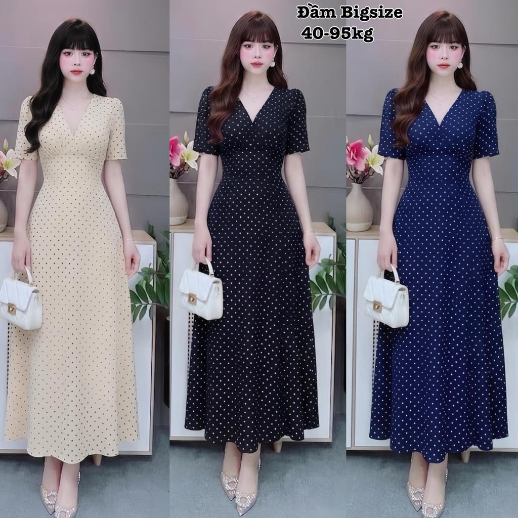 Đầm Váy Thiết Kế Dáng Dài Maxi Cổ V Sang Chảnh Tay Ngắn Chấm Bi Xinh Bigsize Dễ Thương Cao Cấp Hot T