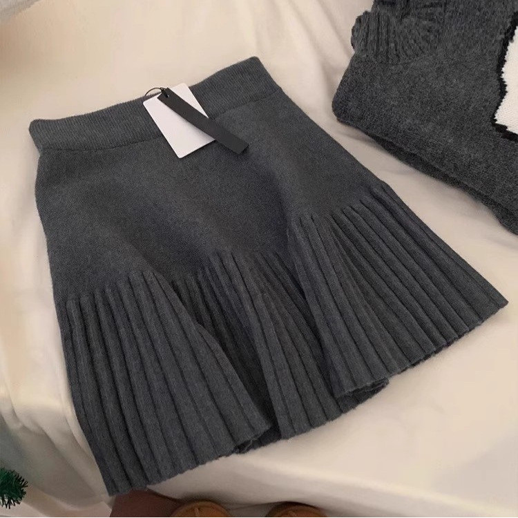 Xám Cao Cấp Co Giãn Eo Đa Năng ALine Xếp Ly Váy Nữ, Mùa Thu Đông Cao Cấp Giảm Béo Dệt Kim ALine Váy 