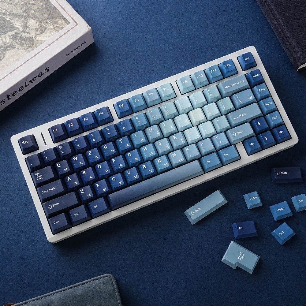 Heart of the Ocean Cherry Profile PBT Keycaps in Blue Gradient, Side Print, English/Korean/Japanese/