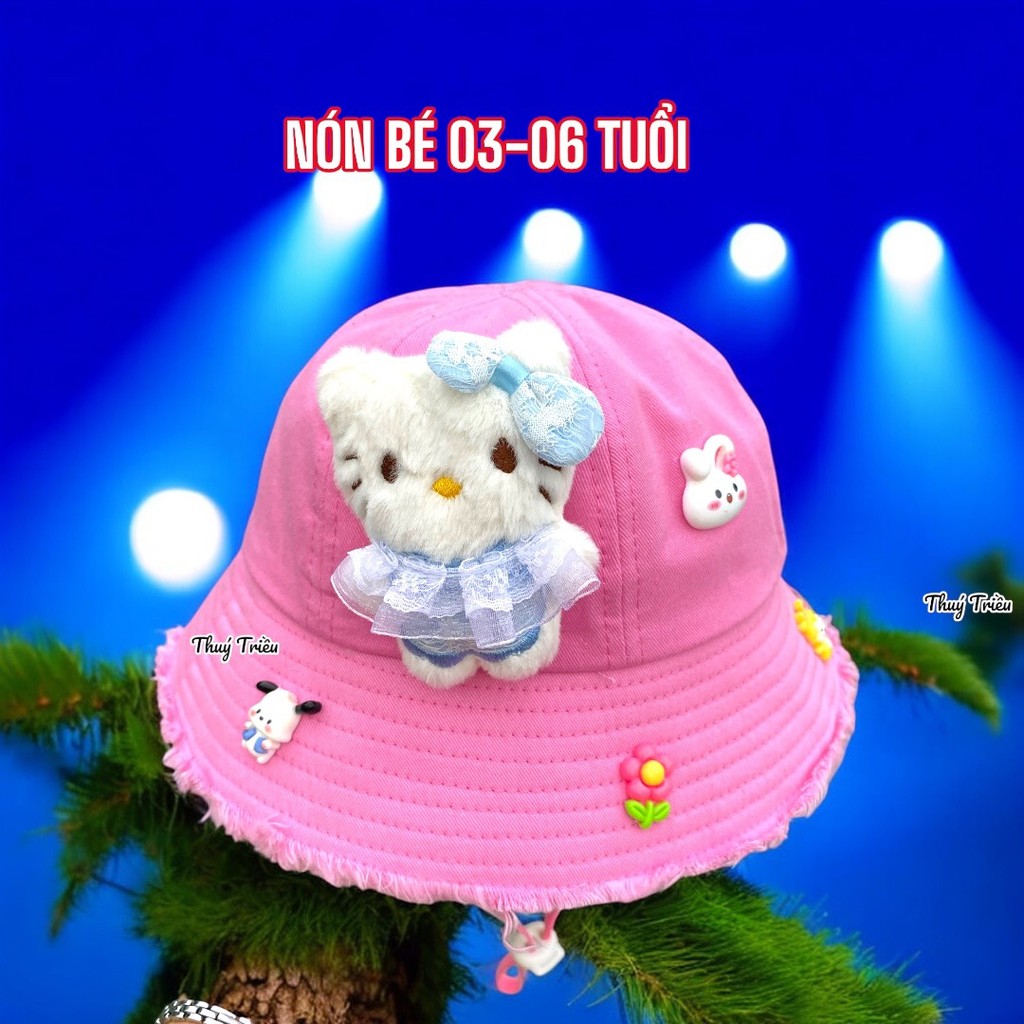 BO114: Nón bo bucket chất kaki có thú bông vành tua rua cho bé gái từ 03-07 tuổi, có dây đeo chống t