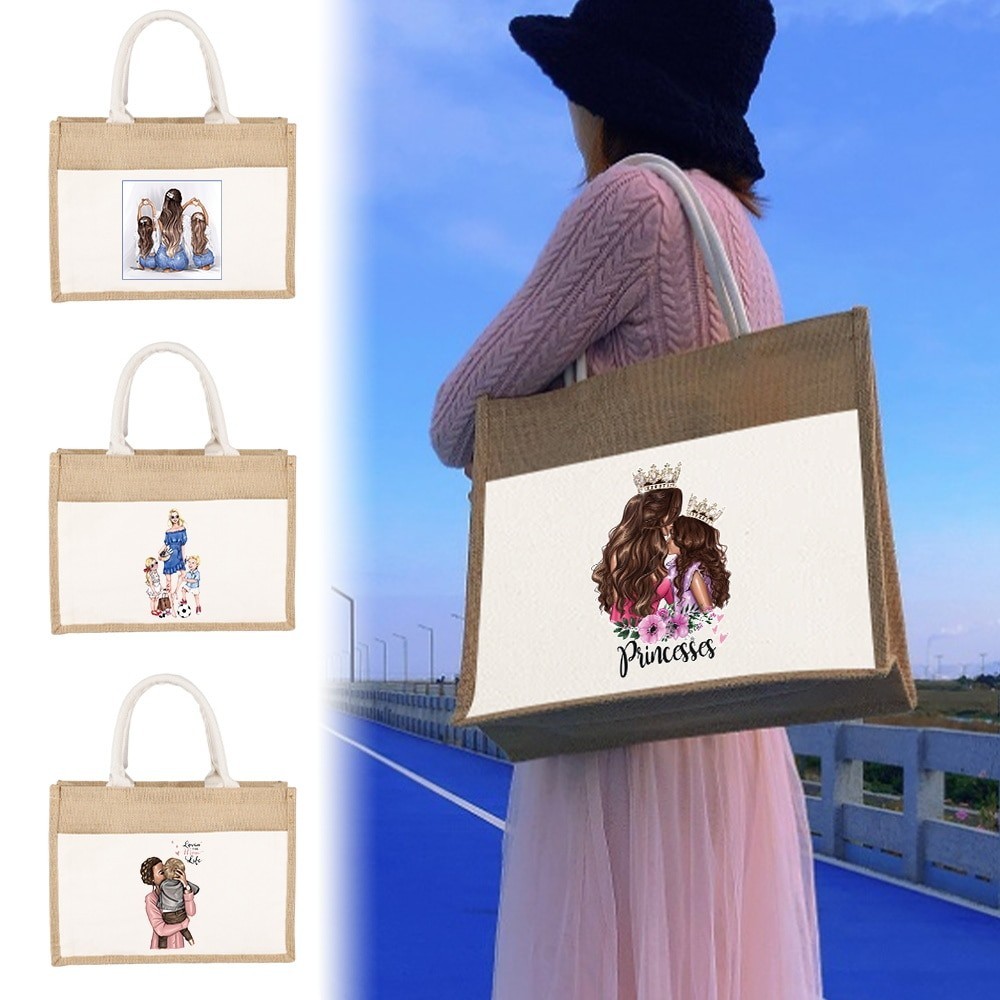 Jute Bag Handbag Linen Shoulder Bag Jute Linen Shopping Bags Family Family Mother Designer Bags