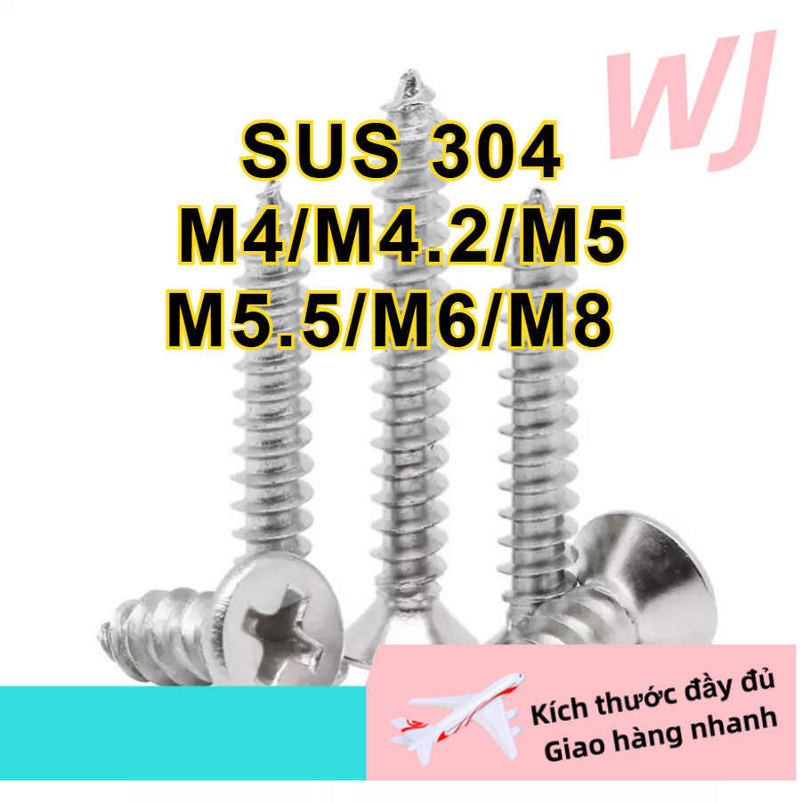 Vít răng thưa bắn gỗ, vít bắt tắc kê inox 304 đầu bằng size/vít đầu chìm chéo, vít gỗ đầu phẳng  M4 