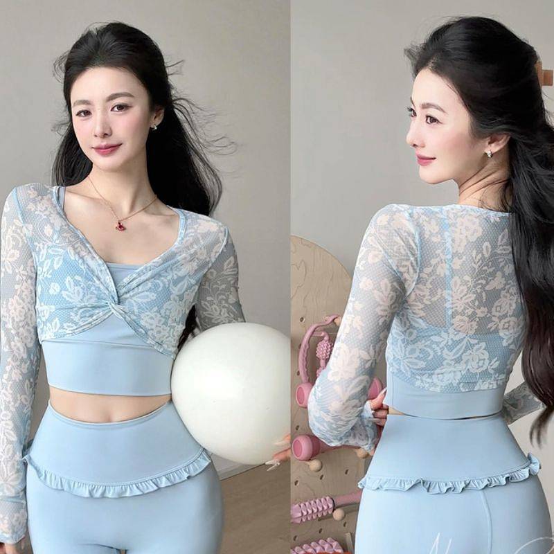 Long-Sleeved T-shirt with Chest Pad Workout Clothes Fake Two-Piece Sexy Slim Sports Top Pilates Trai