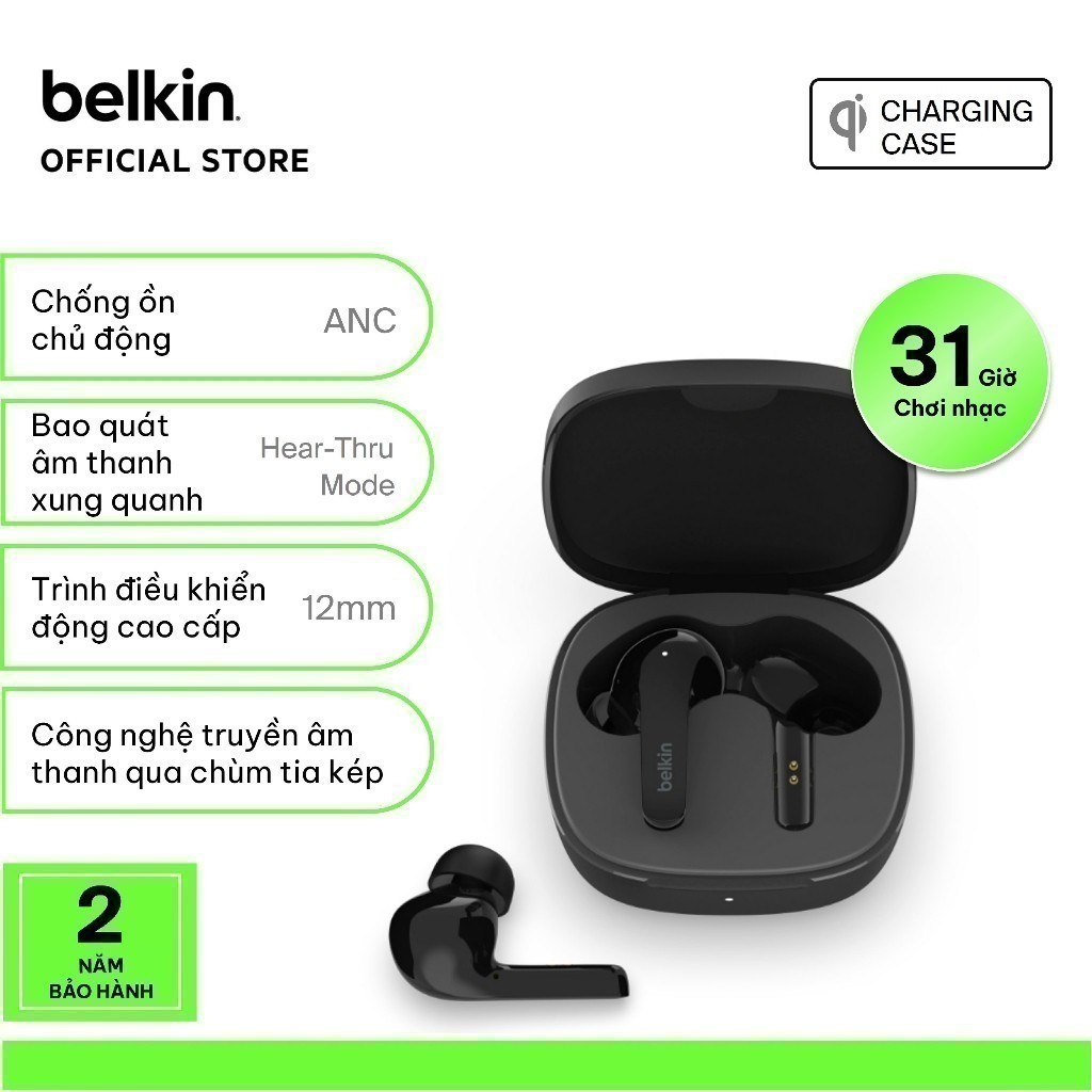 (Belkin) Tai nghe Bluetooth TWS chống ồn chủ động Belkin Soundform Flow - 2 Màu Đen, Trắng